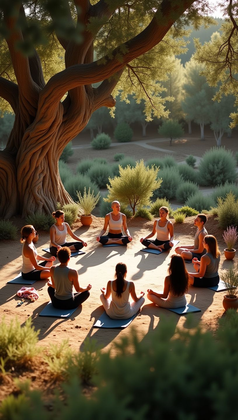 Ομάδα ανθρώπων που ασκούνται στη γιόγκα σε παραλία.